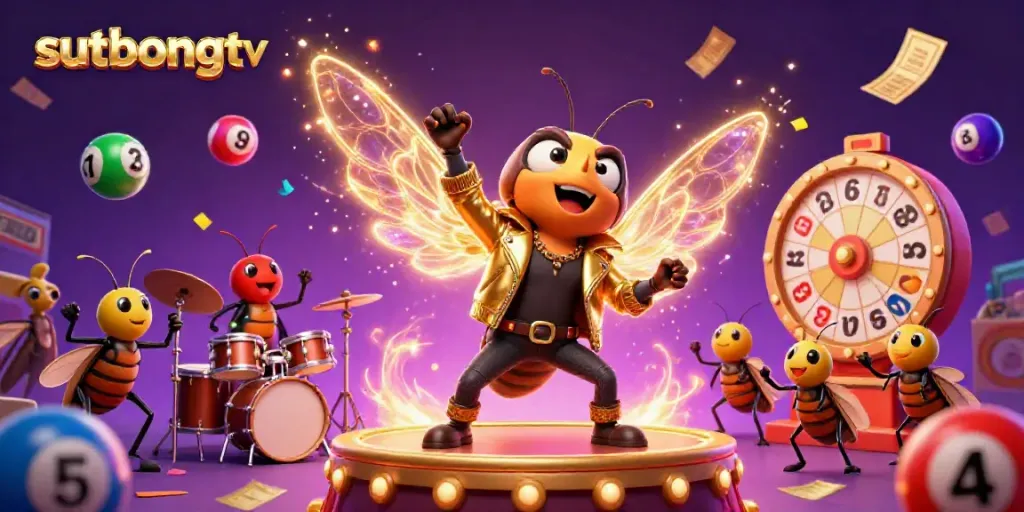 SutbongTV displays an energetic 3D illustration featuring a cicada rock star, vibrant lottery balls, and a dynamic casino theme.