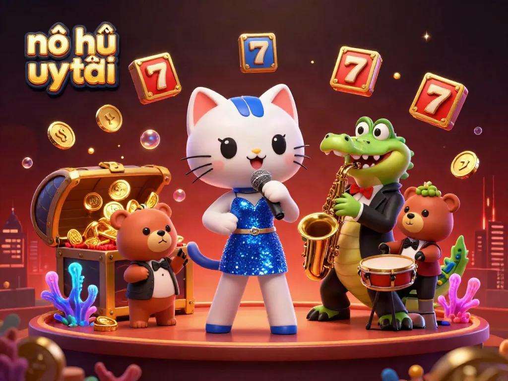 Experience nổ hũ uy tín as characters perform in a lively casino filled with jackpot excitement.