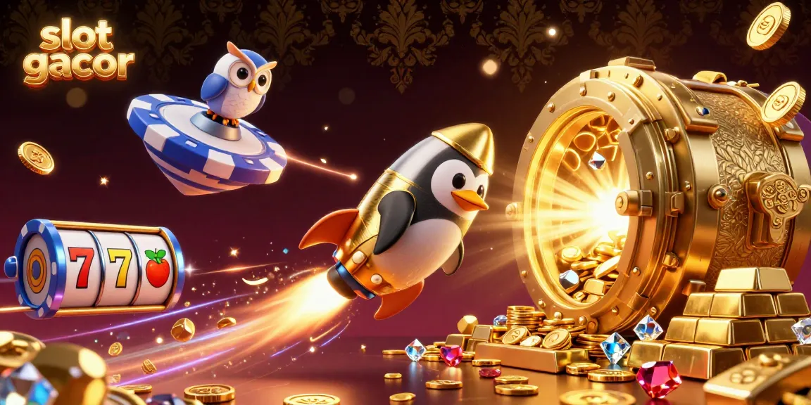 Experience thrilling slot gacor action with a golden penguin soaring through a vibrant casino cosmos.