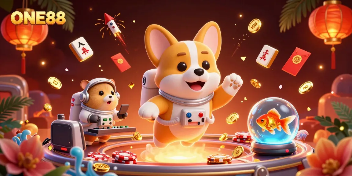 Engage with ONE88 in a lively space casino scene full of drifting poker chips and coins.