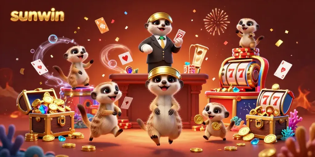 Experience the thrilling world of sunwin with meerkats running a vibrant casino, highlighted by sparkling gems and confetti.