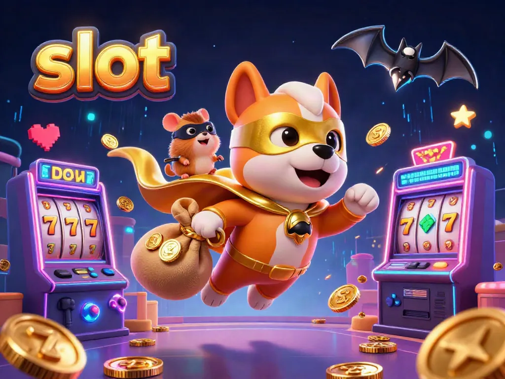 Engaging cartoon scene showcasing a superhero dog and hamster with slot machines, highlighting the thrill of gambling.