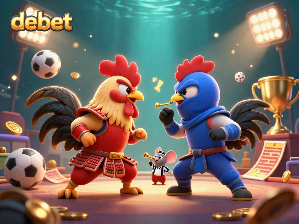 Engage with debet in an exciting showdown between cartoon roosters in a dynamic casino scene.