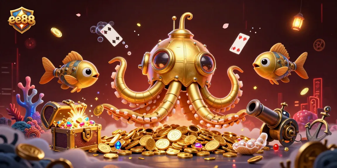 Experience the thrill of ee88 with a captivating 3D scene of a kraken submarine in a treasure-filled underwater world.