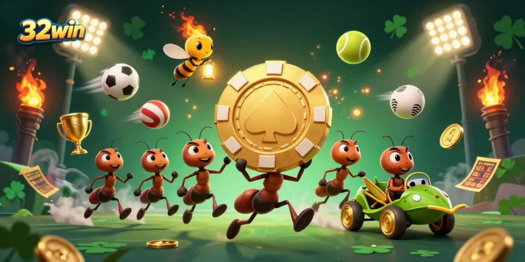 32win ants running a heist with a golden poker chip amidst sports-themed chaos