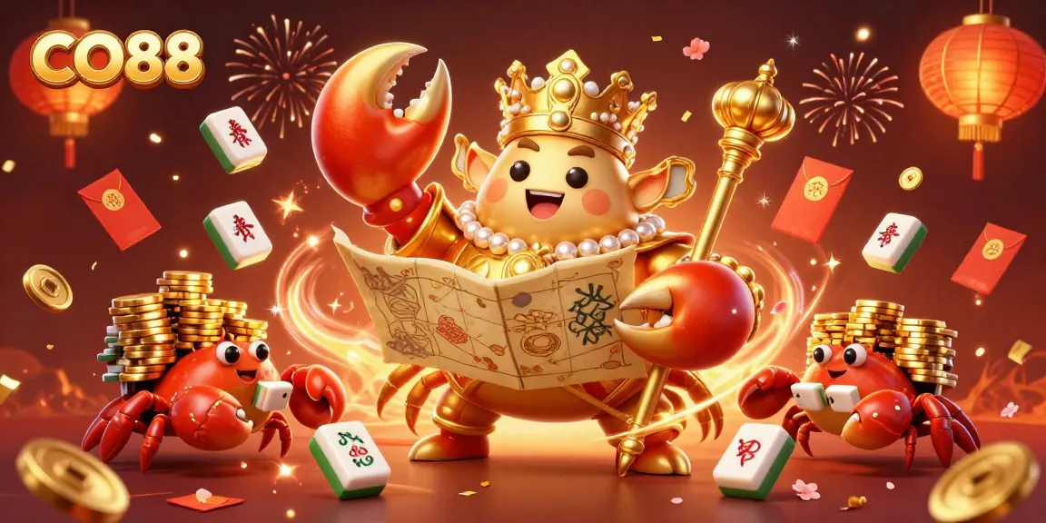 Engage in thrilling gameplay at CO88 with a golden crab emperor surrounded by luck symbols.