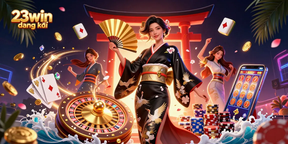 Experience the thrill of 23win đăng ký with vibrant casino elements and rich gaming culture in this striking illustration.