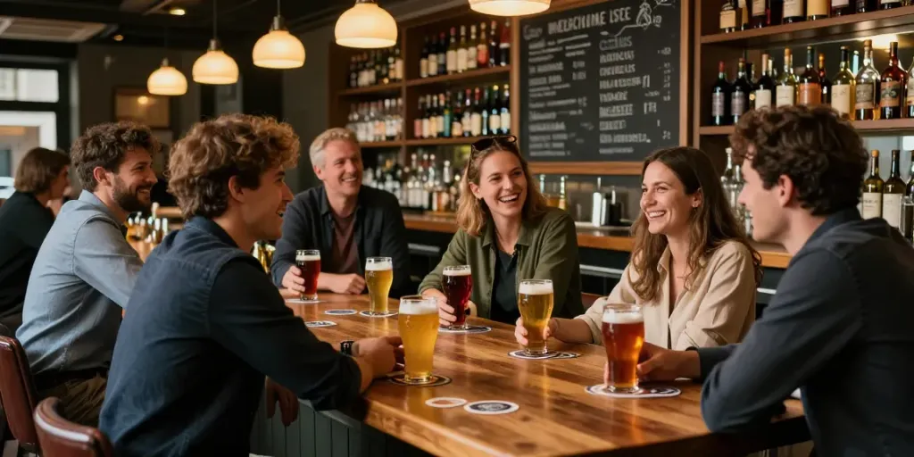 Freunde genießen verschiedene Biere in einer stilvollen Bar, Bier App wird verwendet, um Geschmäcker zu bewerten.