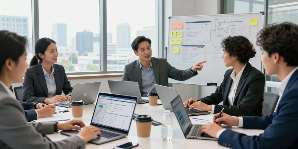 Team, das Website mit SEO-Strategien in einem modernen Büro mit Analytik- und Zusammenarbeitstools diskutiert.