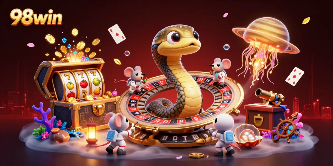 Bet on the 98win roulette wheel with astronaut mice as part of a dynamic online casino scene.