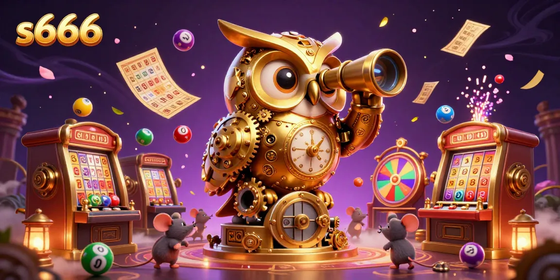 S666 presents a cartoonish golden owl watching over a bustling casino floor teeming with action and excitement.