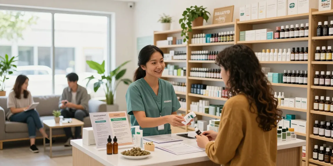 Cannabis kaufen in moderner Apotheke, freundliche Beratung und Produktauswahl.