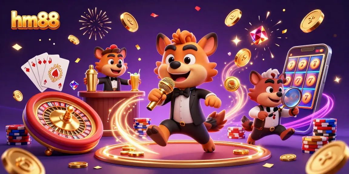 Experience the vibrant energy of hm88 casino with hyena characters and gold cascading coins.