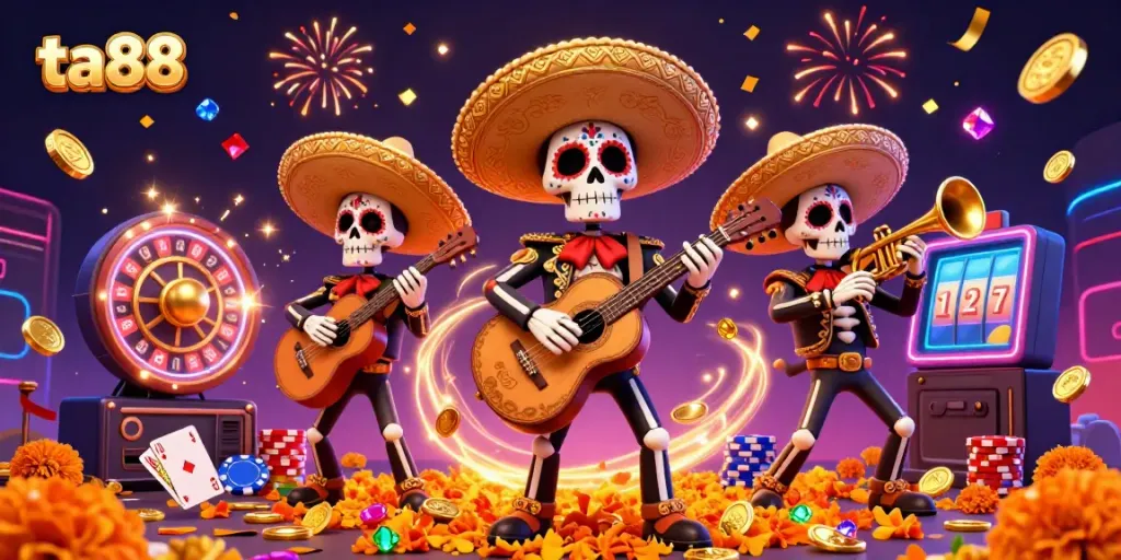 Experience the exciting world of ta88 with a vibrant 3D skeleton mariachi band and casino elements.