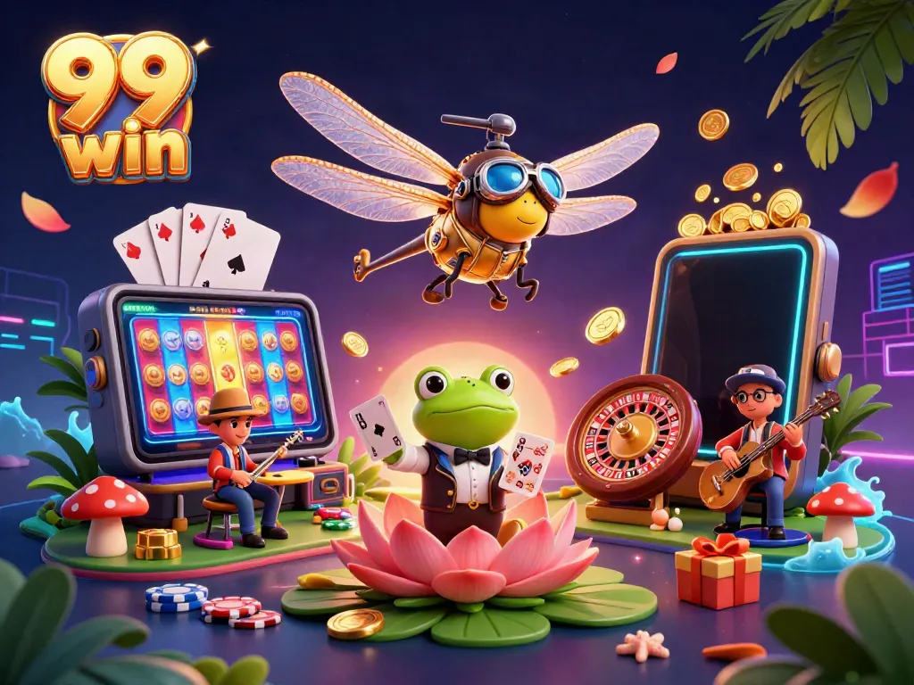 Win big with 99 win while enjoying a vibrant casino scene featuring animated characters and games.