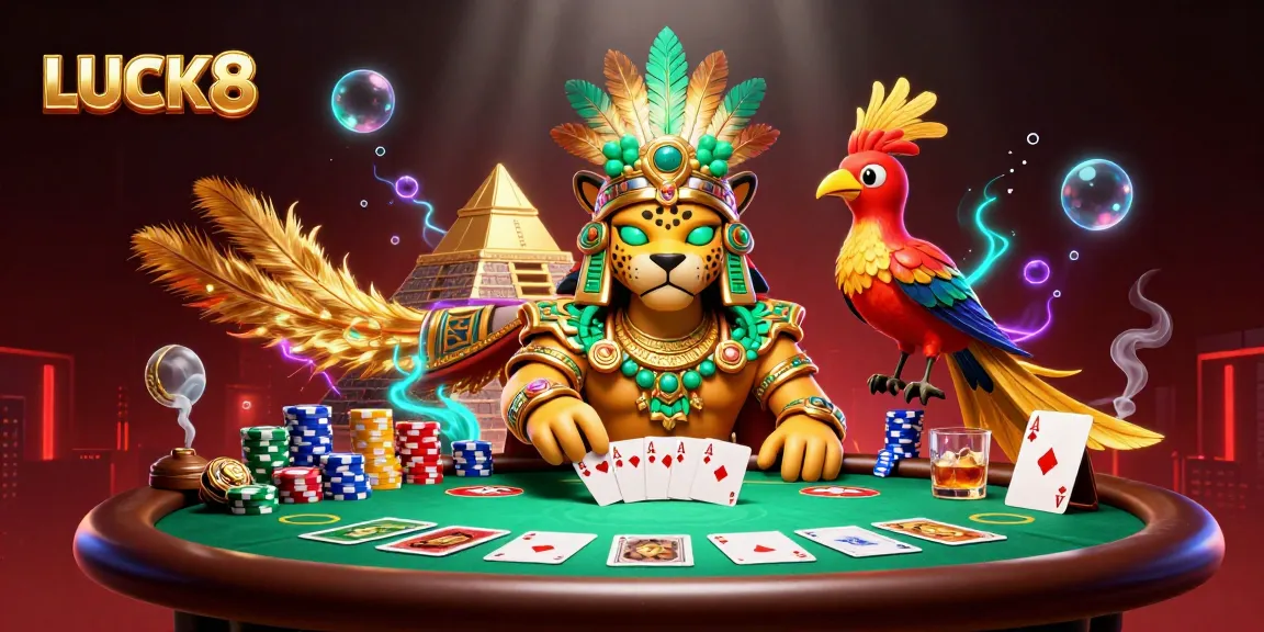 LUCK8 captures the excitement of winning at a poker table amidst vibrant casino elements.
