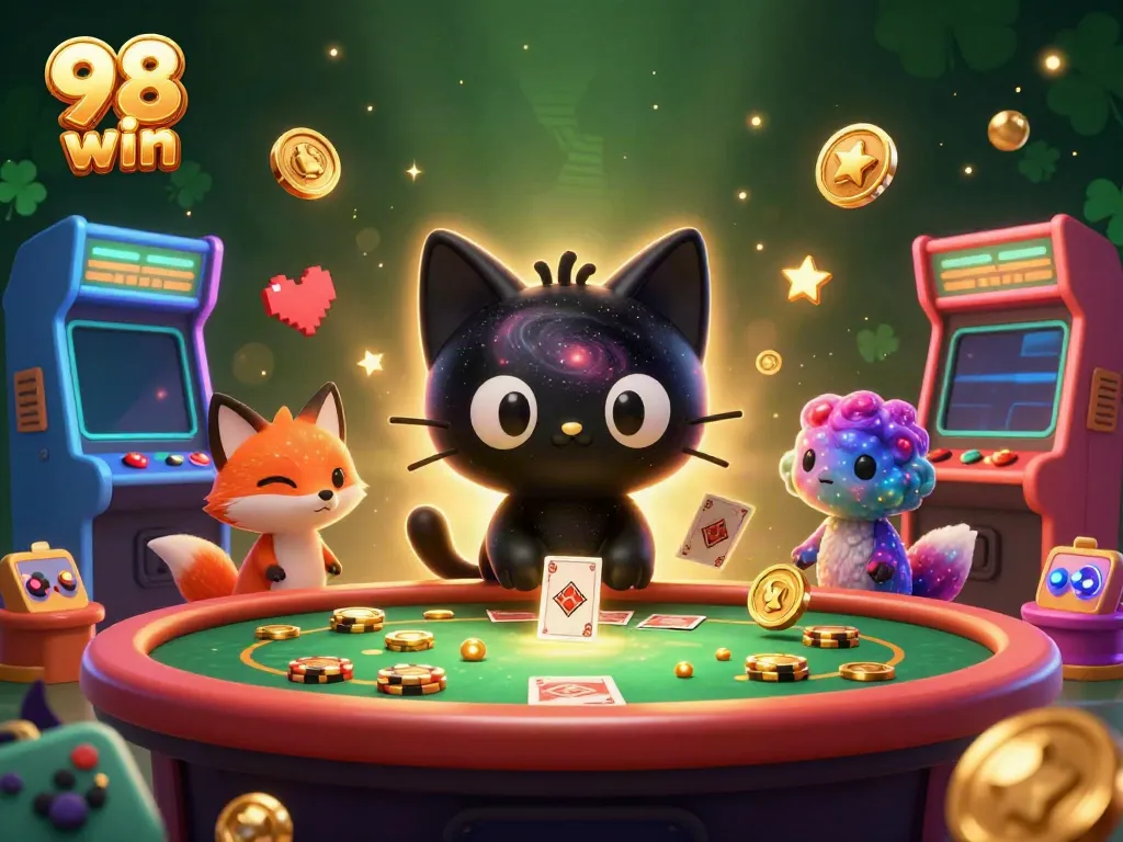Engage in thrilling cosmic bets with 98 win's whimsical cat and nebula fox at a vibrant casino table.