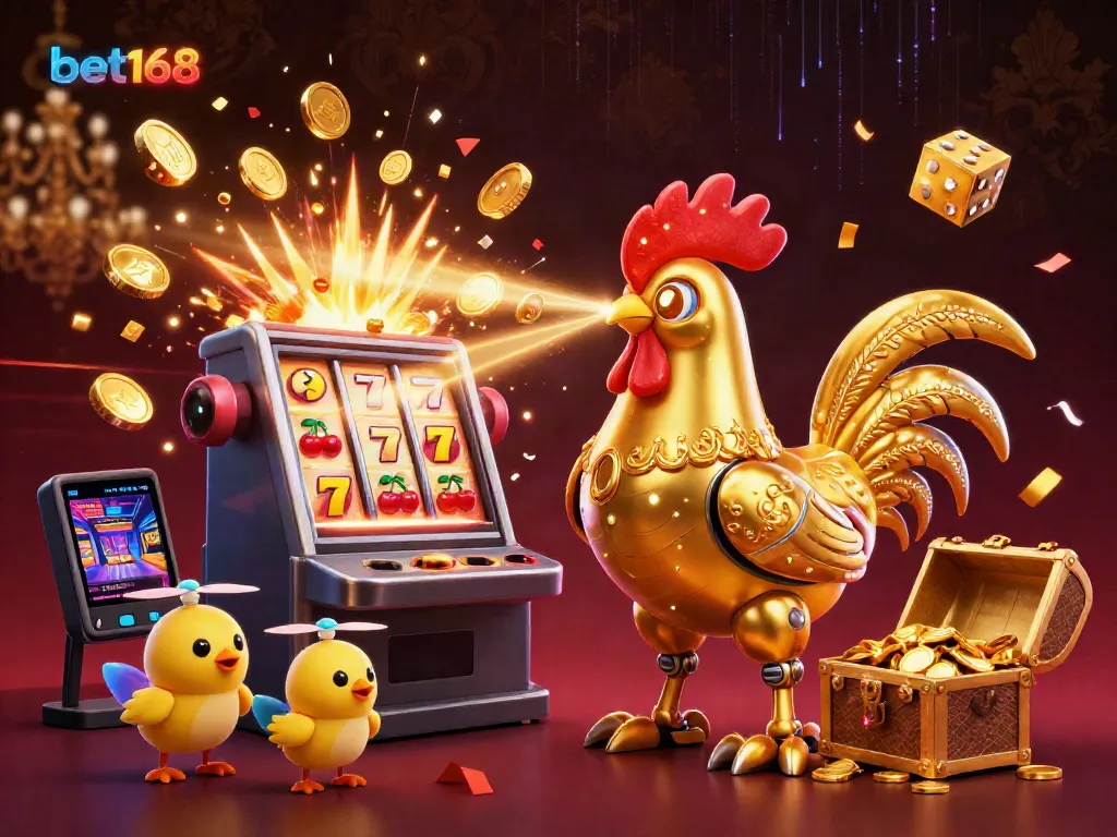 Experience the thrilling energy of bet168's casino with colorful games and a dynamic golden rooster mascot.