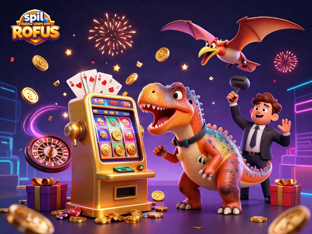 Exciting scene of spil casino uden om ROFUS featuring dinosaurs and slot machines with flying coins.