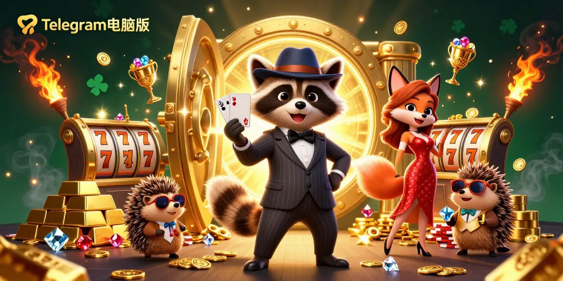 通过探索一个生动的赌场场景与Telegram电脑版互动,场景中有一只优雅的浣熊、一只迷人的狐狸和闪烁的宝藏。
