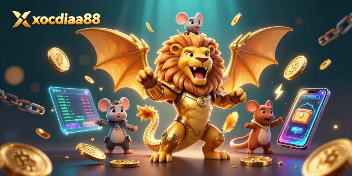 Xocdiaa88 elevates gaming with a triumphant chimera in golden armor amidst crypto coins.
