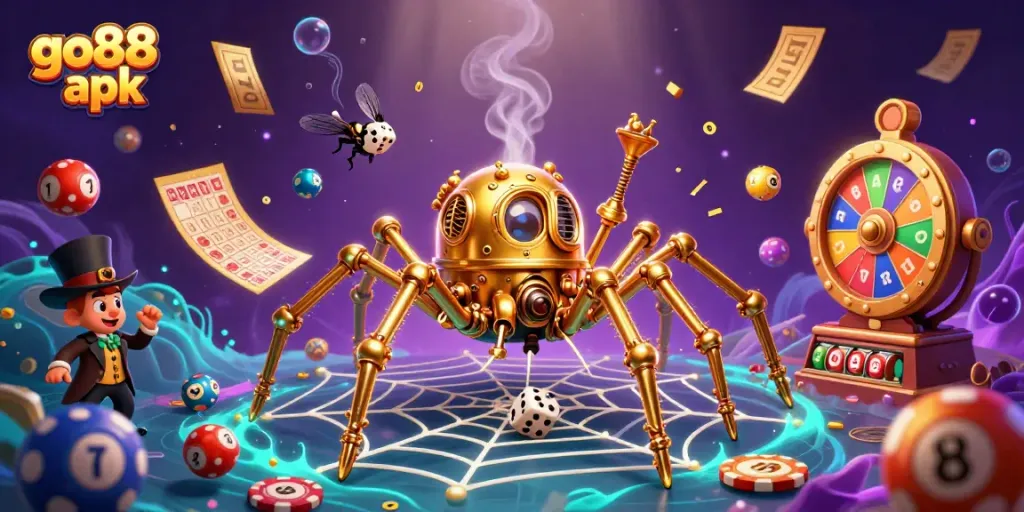 Engage with the thrill of go88 apk in this dynamic casino-themed illustration with vibrant game elements.