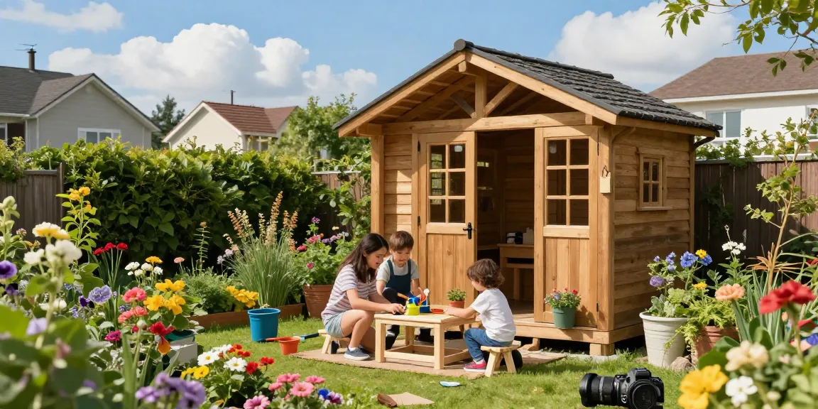 Wunderschönes Gartenhaus Holz umgeben von Blumen und einer Familie, die Gartenmöbel aufbaut.