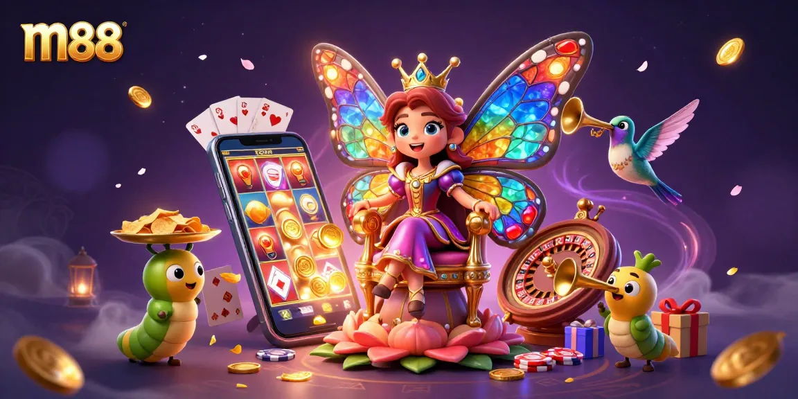 Experience thrilling jackpots at m88 with a vibrant casino illustration showcasing a butterfly queen amidst exciting game elements.
