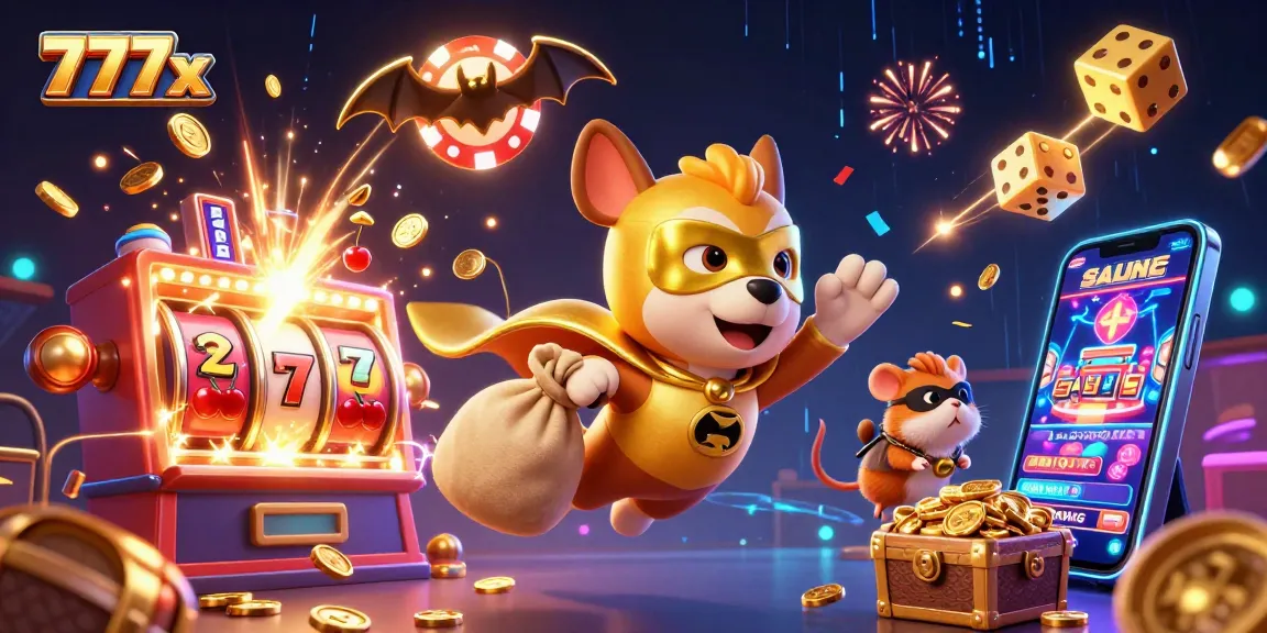 Experience excitement with 777x as the superhero dog soars over a colorful slot jackpot scene.