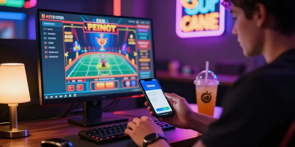 Entdecken Sie die Casinos, die itsme akzeptieren, in einer lebendigen Online-Spielumgebung mit Smartphone und bunten Lichtern.