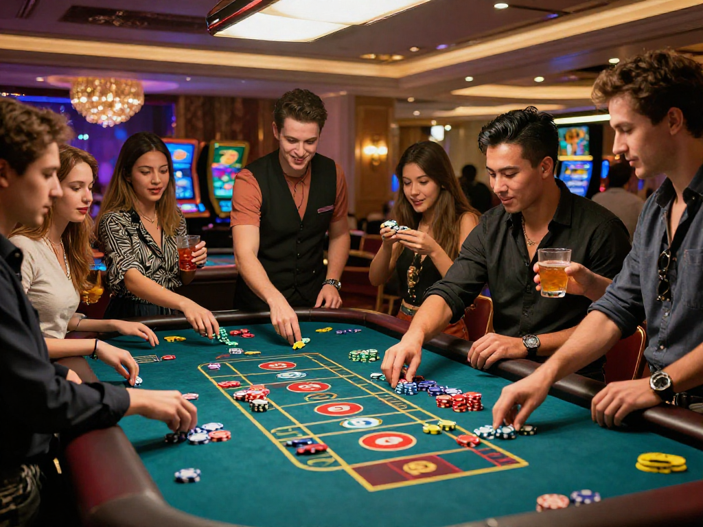 Kangbet, suasana kasino yang meriah dengan teman-teman bermain roulette, chip berwarna-warni dan dealer ramah.