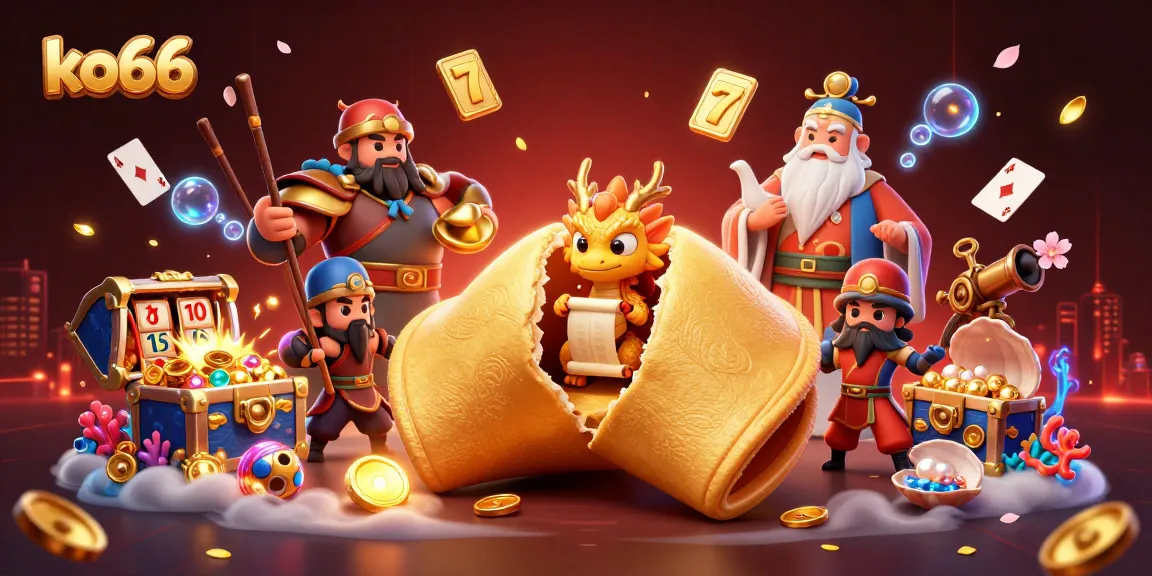 Engage with ko66 through a vibrant 3D casino scene featuring a golden fortune cookie and animated characters.