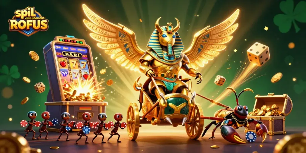Experience gaming excitement with spil casino uden om ROFUS featuring vibrant 3D characters and casino elements.