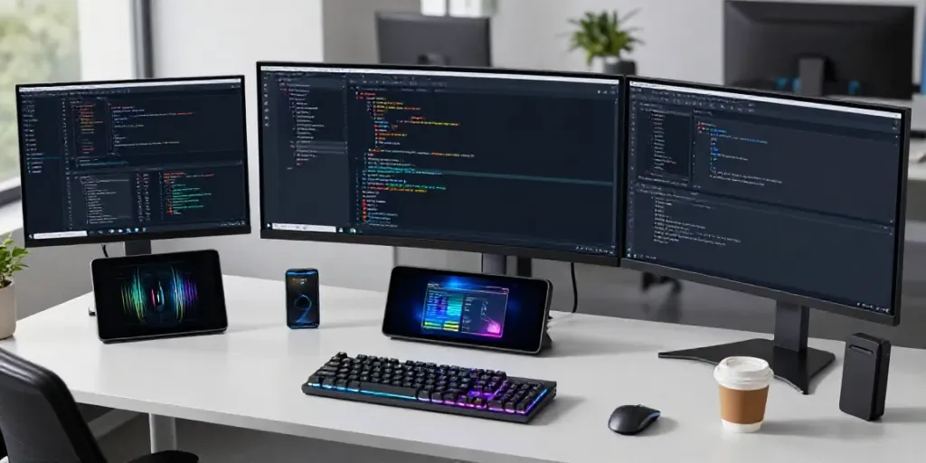 Gadgets im modernen Entwicklerarbeitsplatz mit Programmiergeräten und ergonomischen Lösungen.