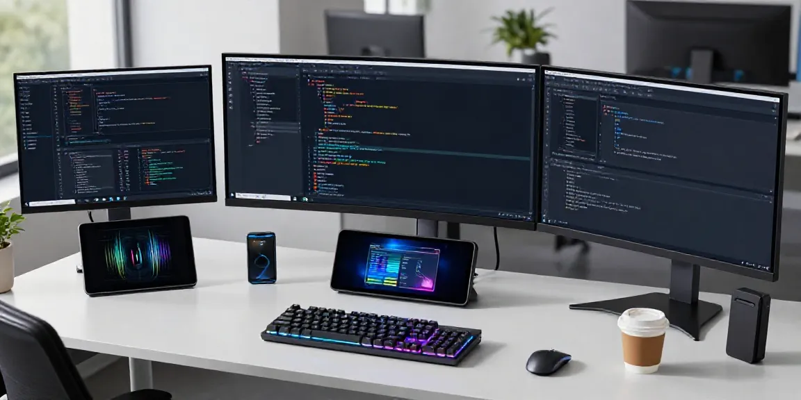 Gadgets im modernen Entwicklerarbeitsplatz mit Programmiergeräten und ergonomischen Lösungen.