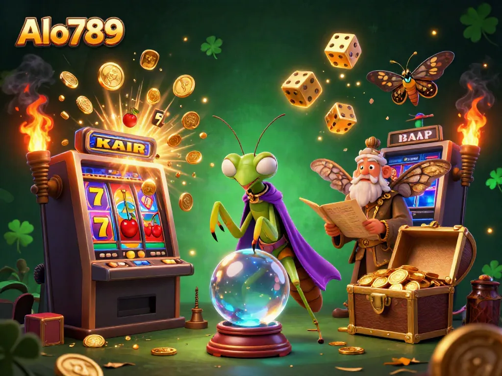 Engage with Alo789's dynamic casino scene featuring fortune tellers and jackpot elements.