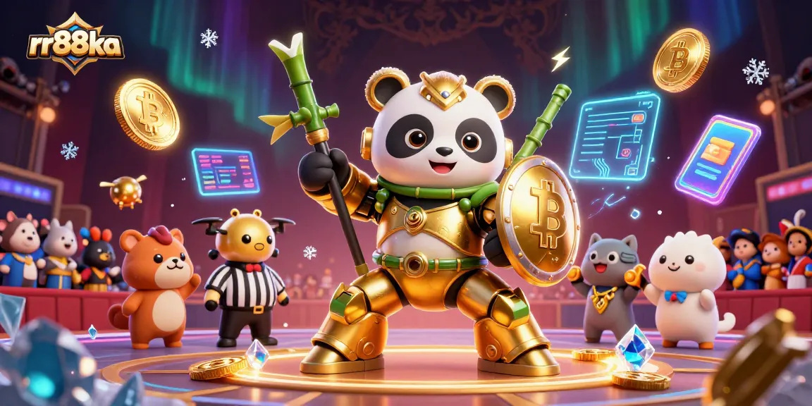 rr88ka players enjoying a lively casino atmosphere with golden panda robot and crypto elements