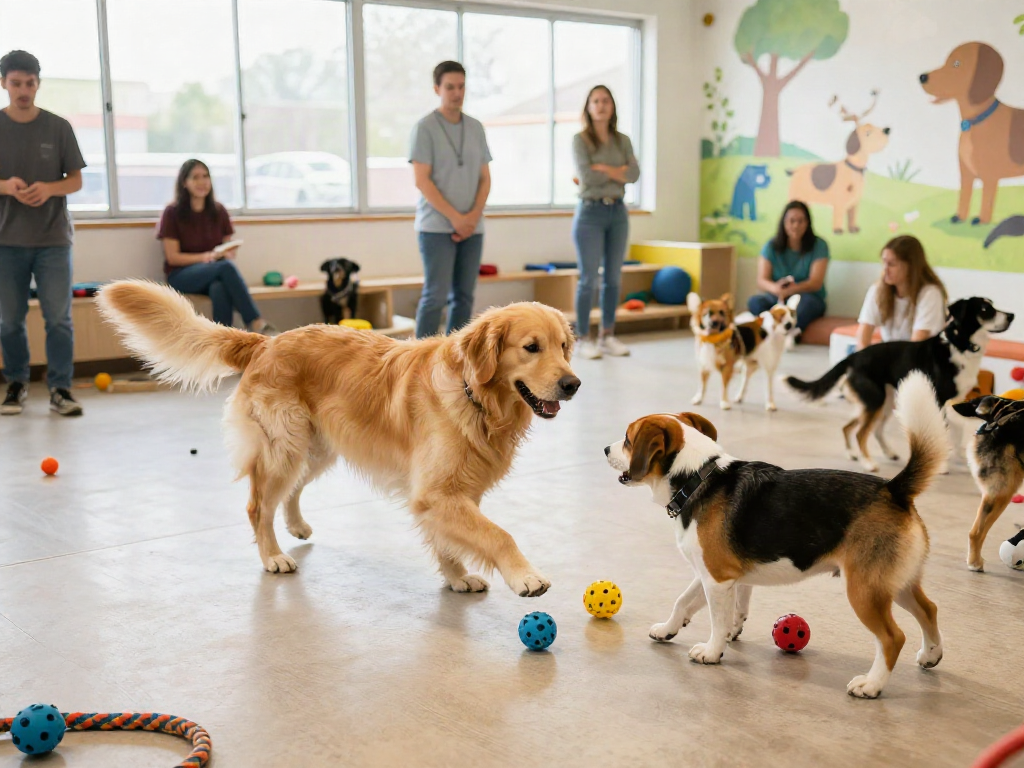 Happy dogs playing at a dog daycare while slot 10k opportunities for pet care flourish.