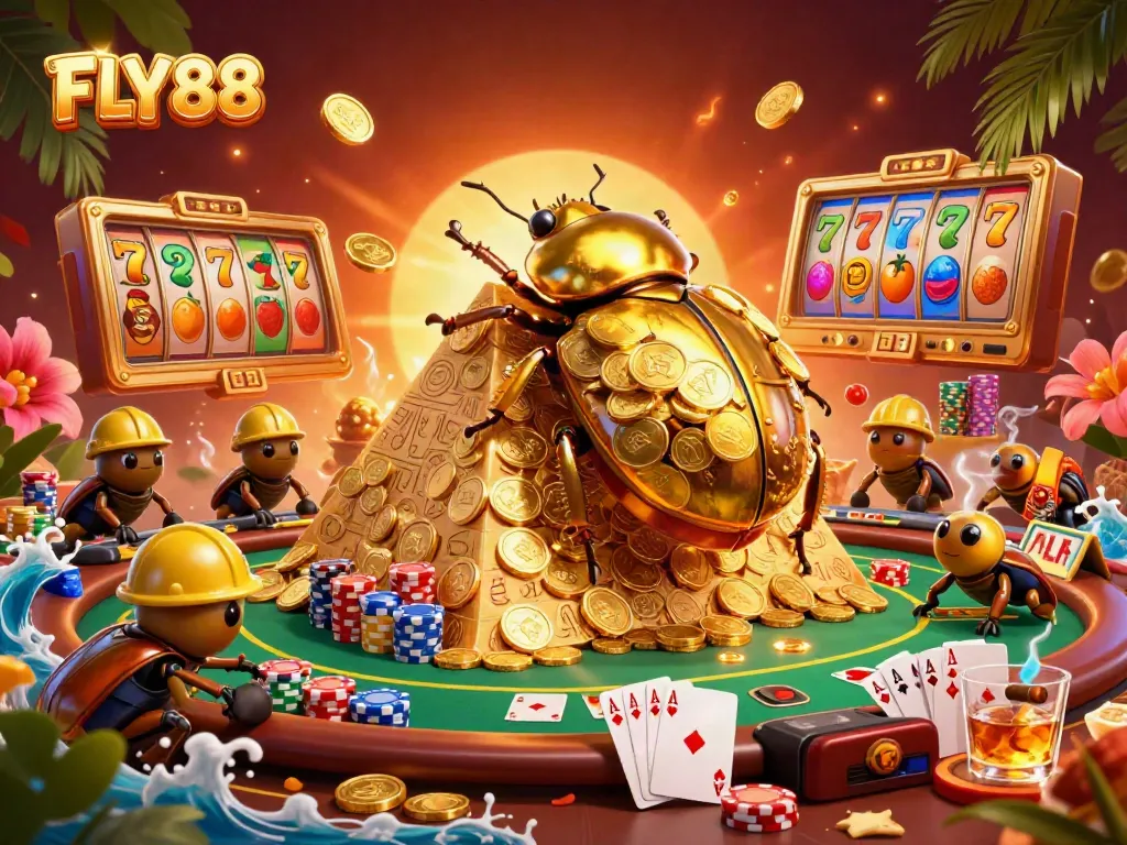 Engage in FLY88 gaming with a vivid scene showcasing a golden beetle and casino-themed elements.