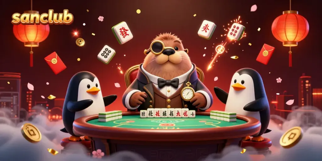 Experience the vibrant world of sanclub with a jolly walrus at a fun underwater poker game.