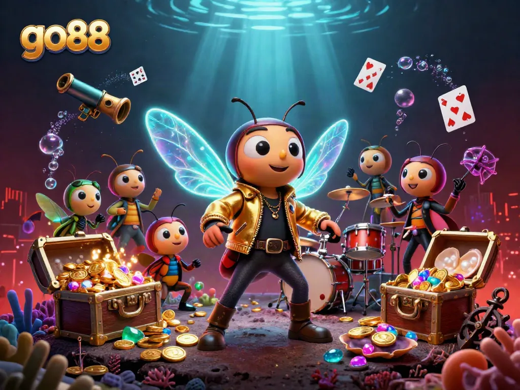 Experience the excitement of go88 with a vibrant casino scene featuring a cicada rock star and energetic backup singers.