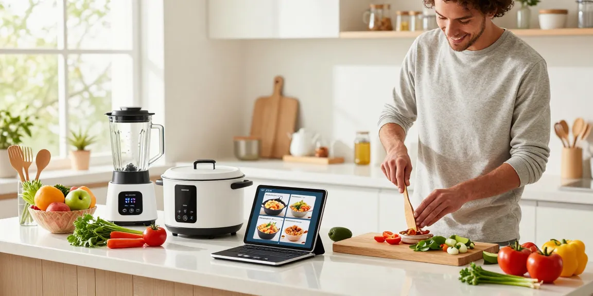 Smart kitchen gadgets enhance cooking efficiency in a modern kitchen with fresh ingredients and a bright atmosphere.