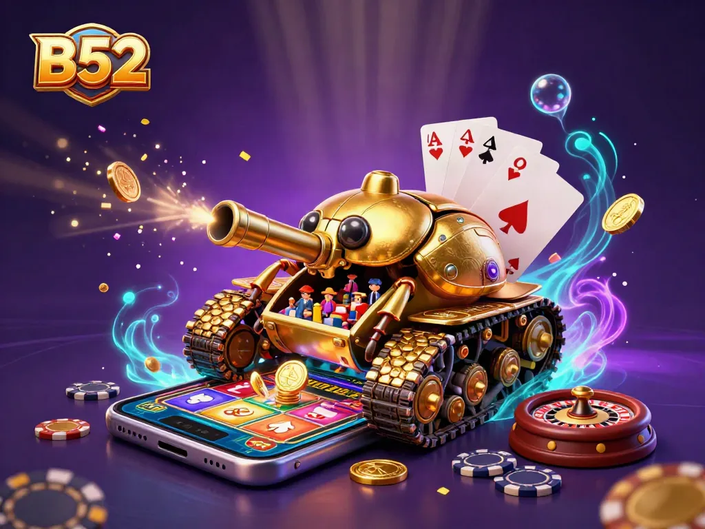 B52 immersive gambling scene featuring a golden beetle tank casino, vibrant slot machines, and dynamic game elements