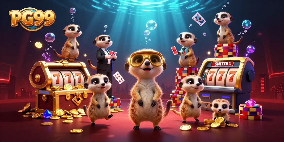 Experience the excitement of PG99 with meerkats running a vibrant casino, showcasing card games and jackpots.