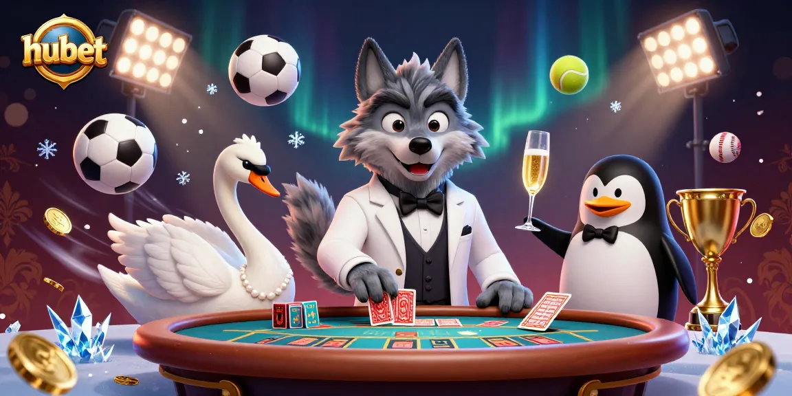 Experience the thrill of hubet with a lively 3D casino scene featuring cards and sports elements.