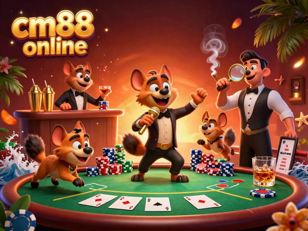 Engage with cm88 online's exciting casino atmosphere filled with cartoon hyenas running a vibrant gaming club.