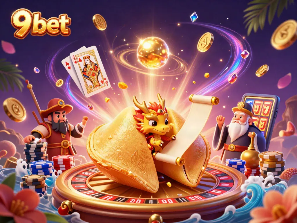 Experience the dynamic excitement of 9 bet with gold coins cascading and a vibrant casino scene.