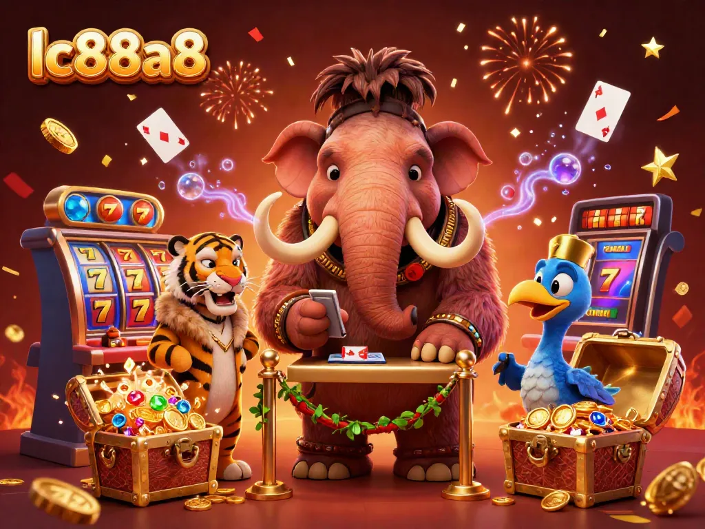 Casino bouncer checks IDs at lc88a8, featuring dynamic slot reels and colorful confetti.