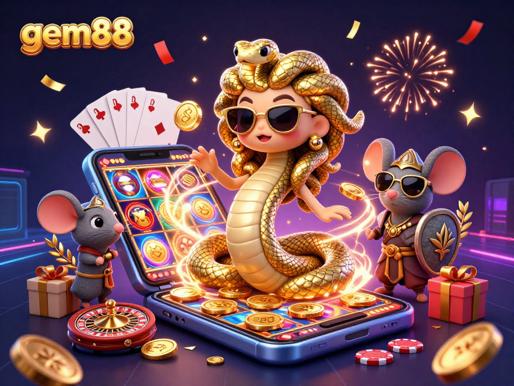 Play immersive games at gem88 with celebrating 3D characters, golden coins, and vibrant casino elements