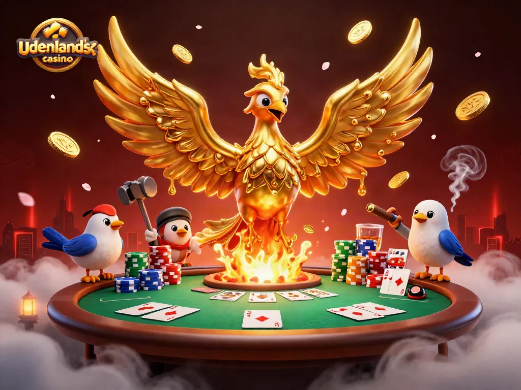 Engage at udenlandsk casino with a magical golden phoenix and poker elements in a vibrant 3D scene.